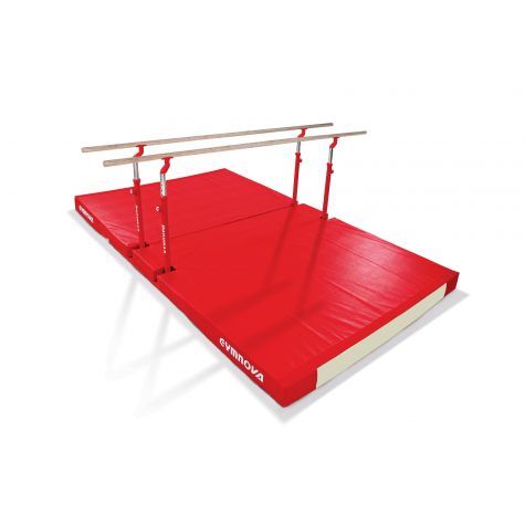 COMPACT PARALLEL BARS WITH FOLDING LEGS, TRANSPORT TROLLEYS AND CUSTOM FOLDING MAT