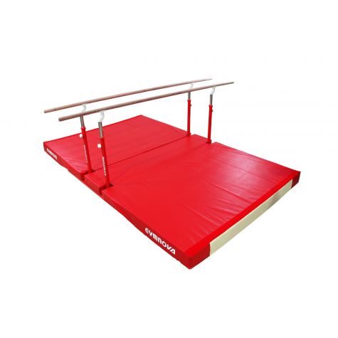 COMPACT PARALLEL BARS WITH FOLDING LEGS, TRANSPORT TROLLEYS AND CUSTOM FOLDING MAT